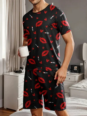 

Men's pajama set with heart, lipstick ＆ lip print patterns, comfortable summer clothing