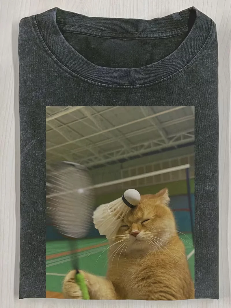 Hip-Hop Katzen-Crew Print T-Shirt Unisex Oversized Rundhals Casual Tee Lustige Katzen Foto Grafik Y2K Streetwear Shirt für Outfits – Detail 3