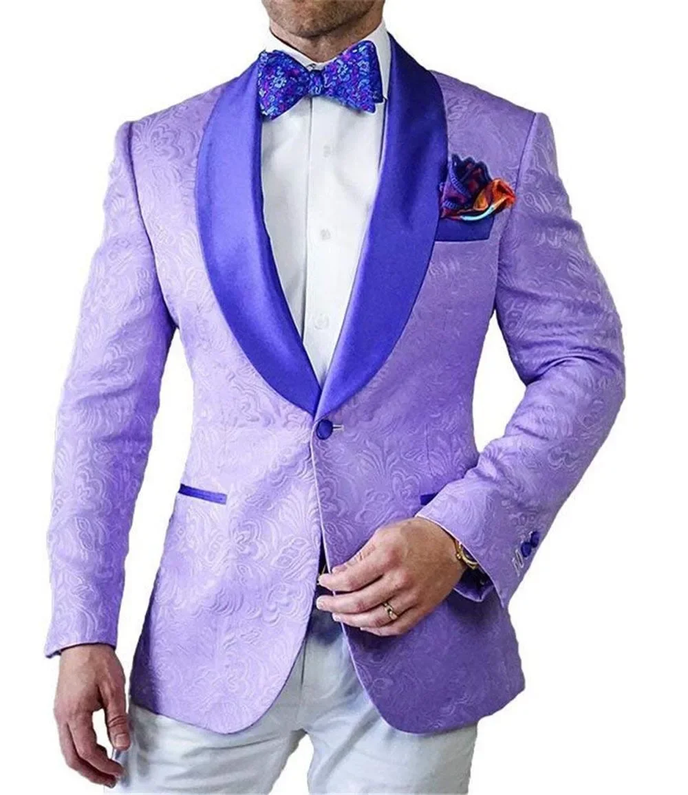 Patterned Mens Suits 2 Pieces Lilac Shawl Lapel Slim Fit Casual Blazer Tuxedos Groomsmen For Wedding(Blazer+Pants)