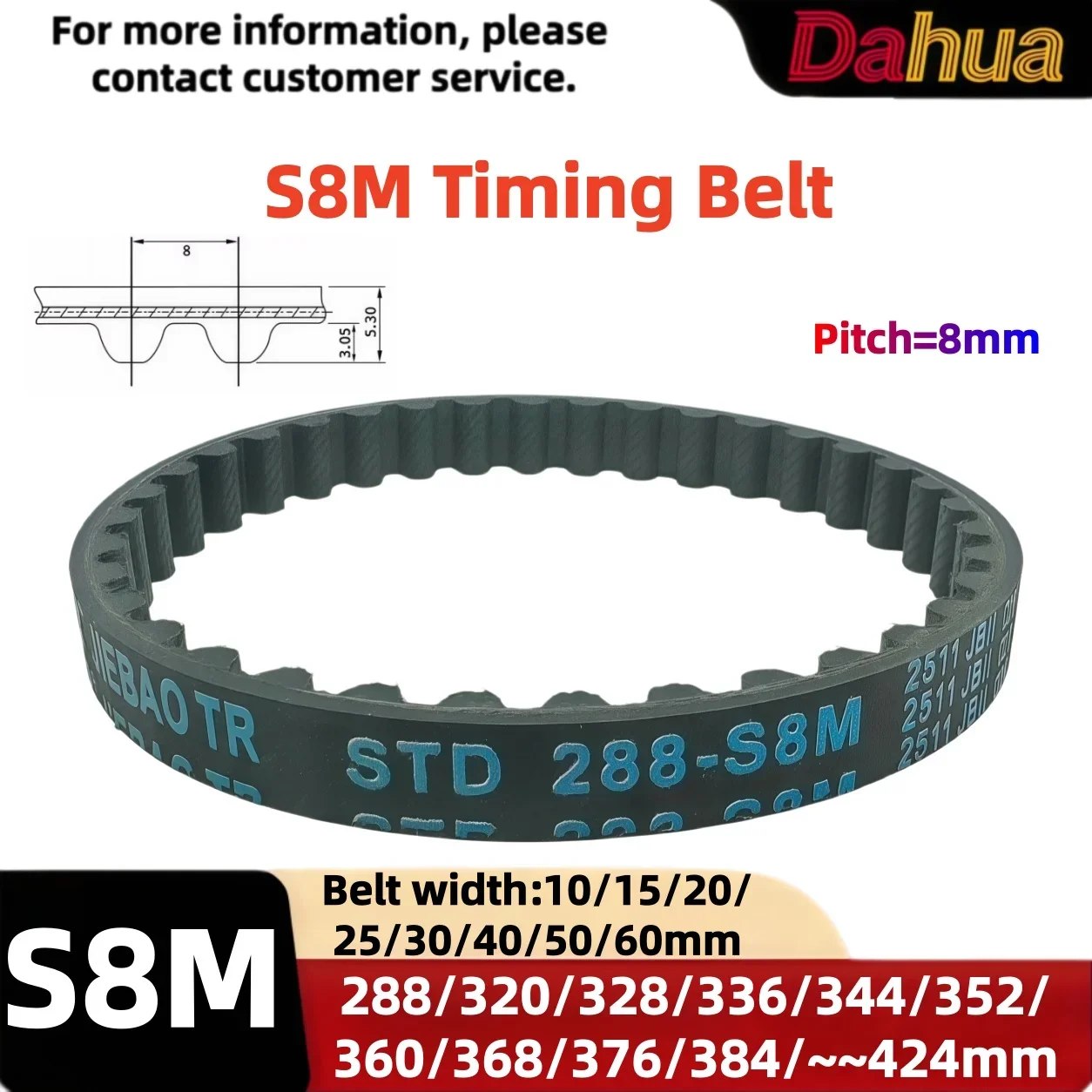 STD S8M Rubber Timing Belt Closed Loop 288-424mm Length 10-60mm Width 8mm Pitch Synchronous Belt for Industrial Machinery