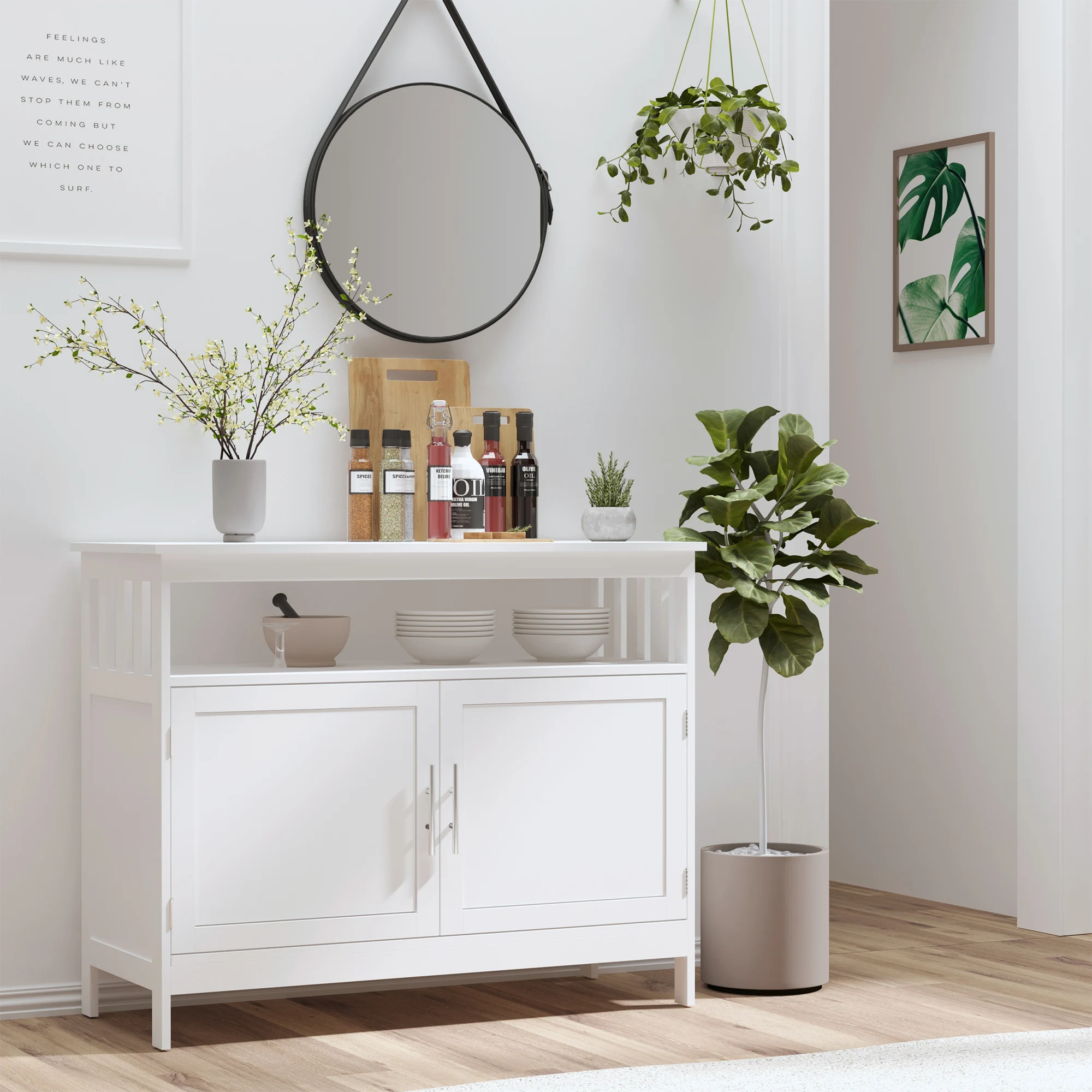 Wood Console Hutch with Multi-Tier Shelf and 2 Layer Cabinet for Dining Room