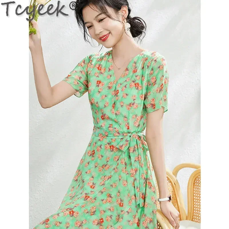 Chic Tcyeek and Elegant Woman French Style Midi es 100% Mulberry Real Silk Clothes Women Summer Floral Dress Vestido