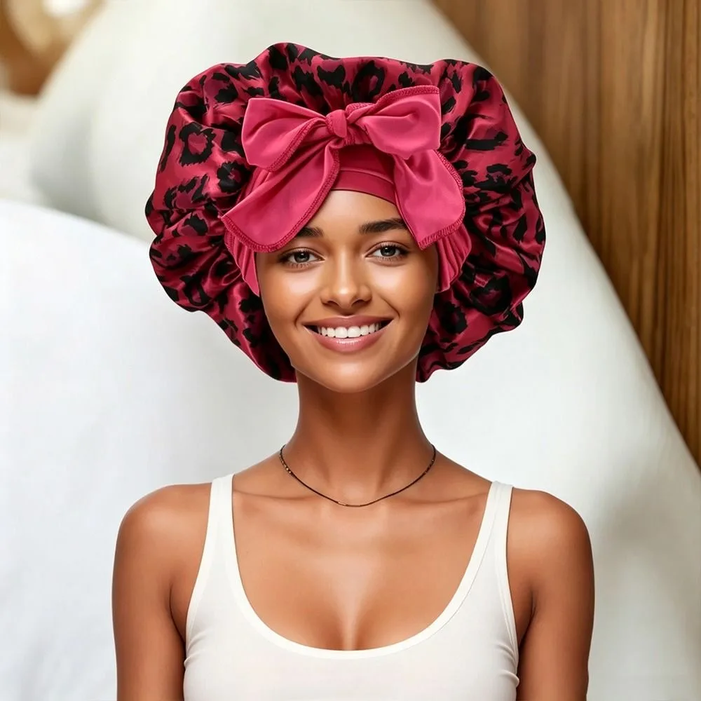 Silk Imitation Leopard Print Sleep Cap Breathable Comfortable Bowknot Decoration Ribbon Sleep Bonnets Satin Hair Bonnet Beauty