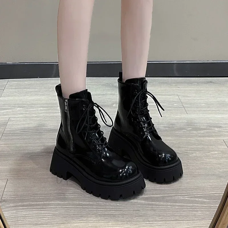 

New 2025 Women's Ankle Boots Anti-slip Round Head Front Lacing Back Zipper Women Shoes Patent Leather Square Heel Daily Commute