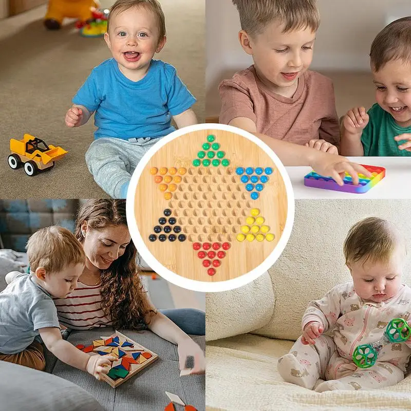 Chinese Checkers Board Game Wood Hexagonal Checkers Board Strategy Puzzle Family Board Game For Boys Girls Friends Family