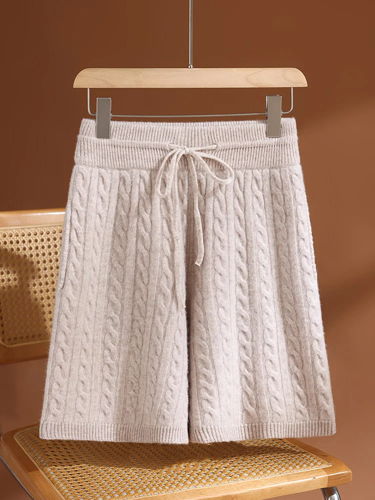 TLOML New Women 100% Merino Wool Cable Knit Shorts Pants Autumn Winter Soft Warm Casual High Quality Wool knit Drawstring Shorts