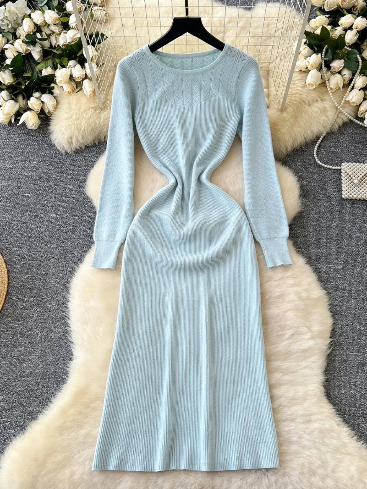 Vestido de Malha F até o Joelho, Modelagem Slim, Cintura Alta, Estilo Vintage, Camada Base de Suéter, Novo Estilo para...