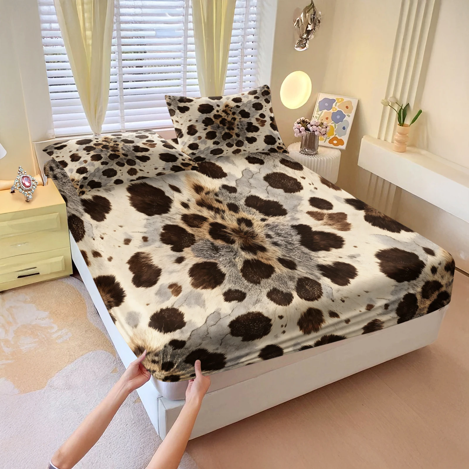 牛革プリントのシーツセット。西部風の牛革模様が施されたベッド - Fitted Bed Sheets Deep Pocket のレビューと価格