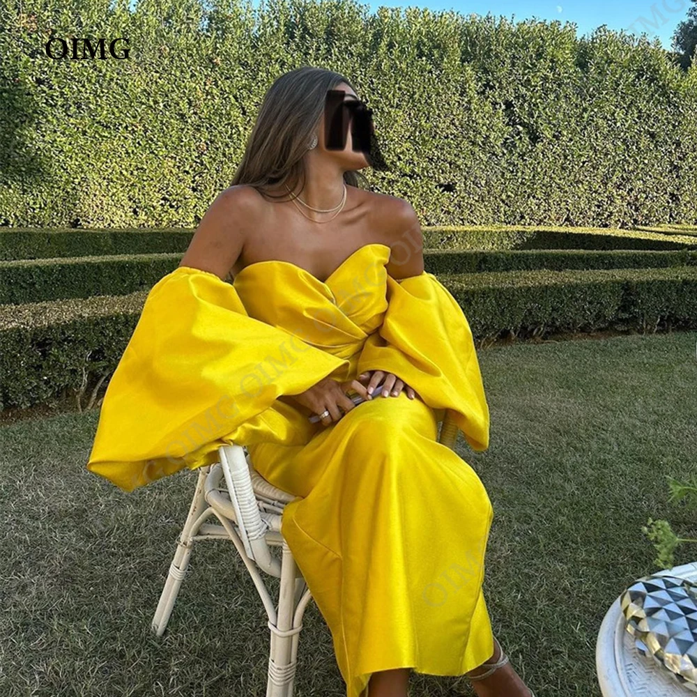 

OIMG 2023 Gold Yellow Dubai Arabic Women Formal Party Dress Short Sleeves Ankle Length Evening Prom Gowns Robe de soiree