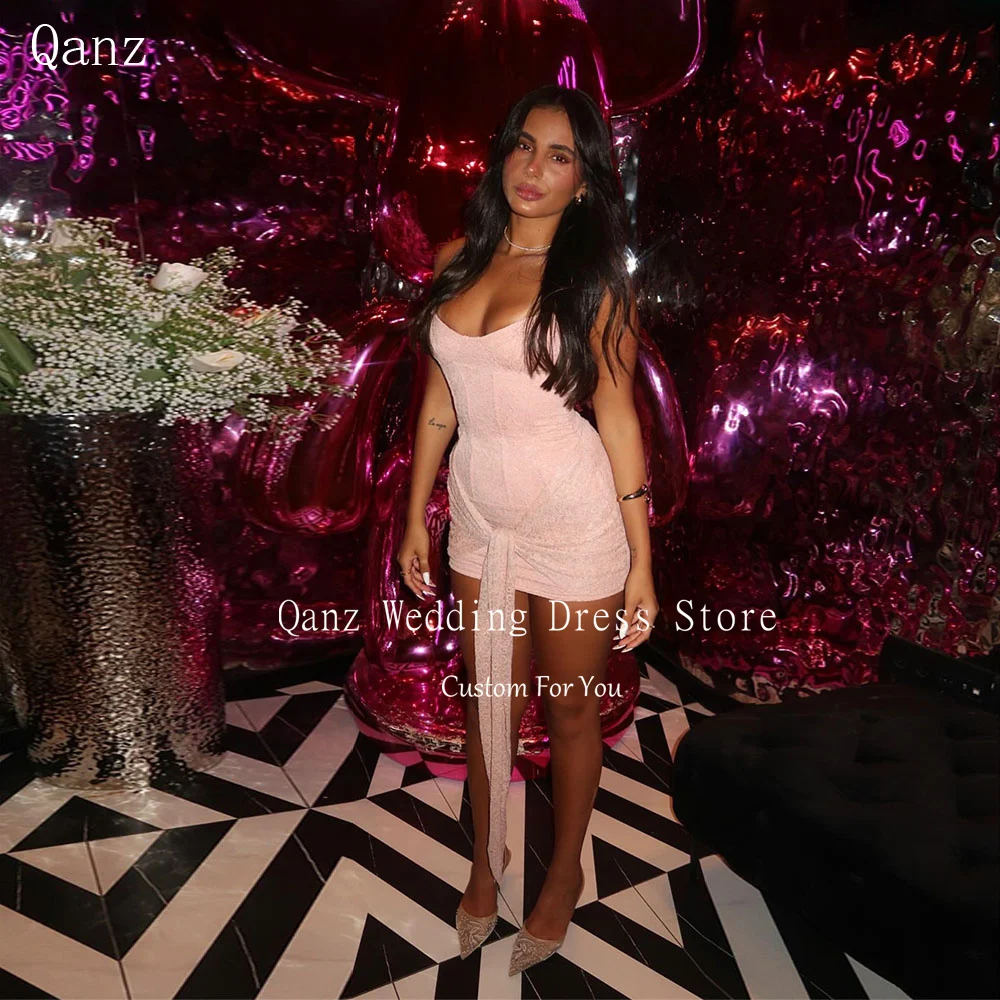 

Qanz Chic Lace Prom Dresses Mini Pink Cocktail Party Dresses Above Knee Sleeveless Elegant Dresses for Special Event Customized