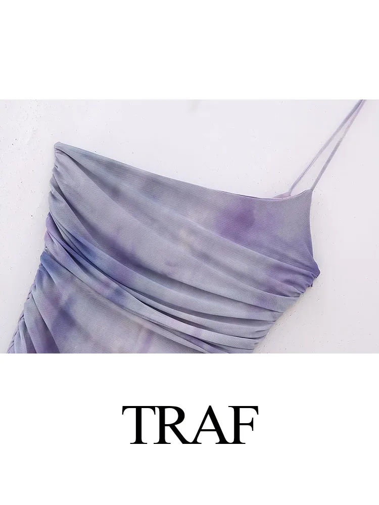 TRAF Woman Fashion One Straps Long Dress Gradient Color Purple Slash-Neck Folds Sleeveless Zipper Female Hotsweet Style Dresses