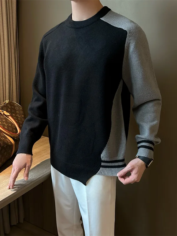 

Korean Sle Irregular Color Blo round Ne Thiened Men's Inner Wear Sweater Faionable Knitted oulder-Length Casual Top