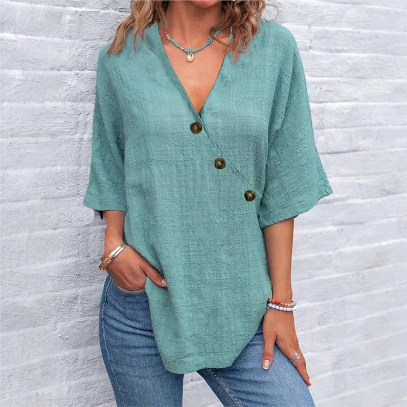 

2025 New Casual Top Shirt Solid color Blouse Summer Fashion V Neck Short Sleeve Button Loose Tops Shirts For Women Office Ladies