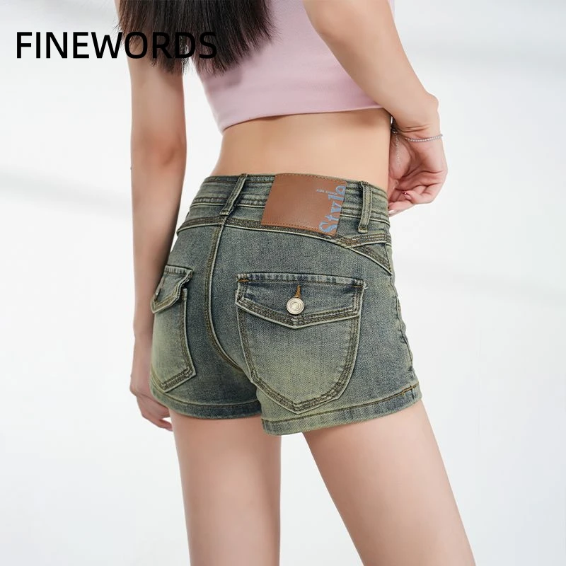 

FINEWORDS Women's Vintage Washed Denim Shorts Retro Y2K Low Waist Slim Fit Short Jeans with Back Pockets Summer Streetwear Sexy