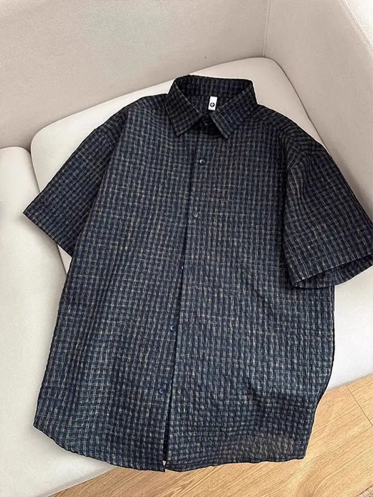 

American Style Lazy Shirt Thin Bubble Cloth Loose Summer Shirt Half Sleeve Summer Vintage Shirt Men's Short Sleeve Plaid Shirt