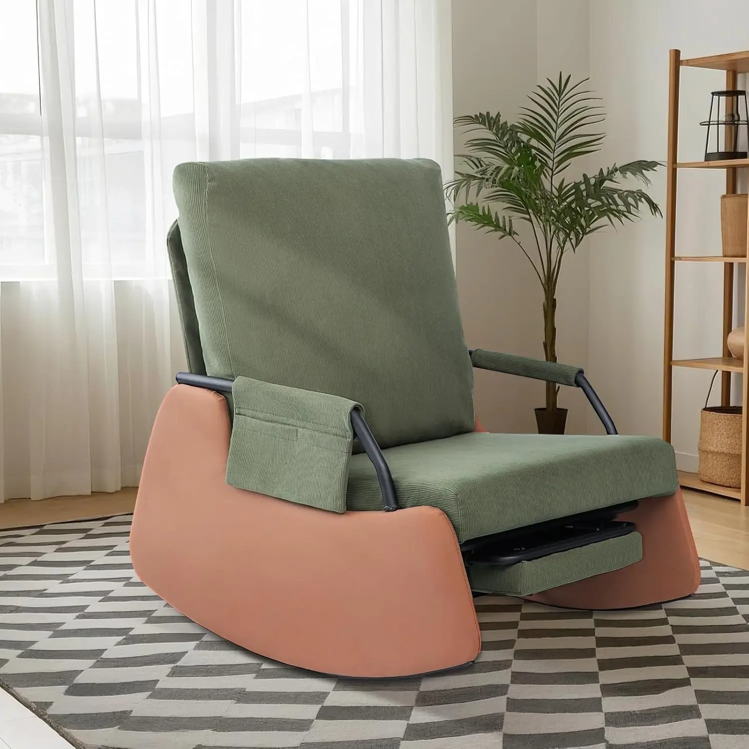 

Upholstered Nursery Rocking Chair with High Backrest Side Pocket Gliding Iron Frame Rocking Chair with Footrest for Living Room