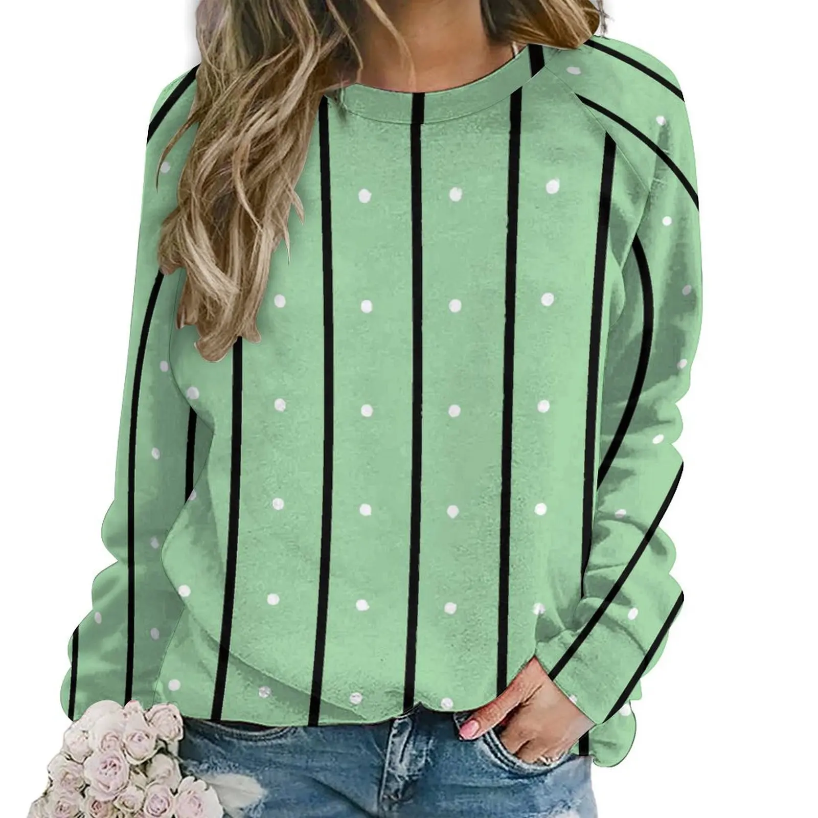 

Striped Polka Dot Hoodies Woman Green Pattern Streetwear Casual Hoodie Long Sleeve Y2k Pattern Sweatshirts Big Size