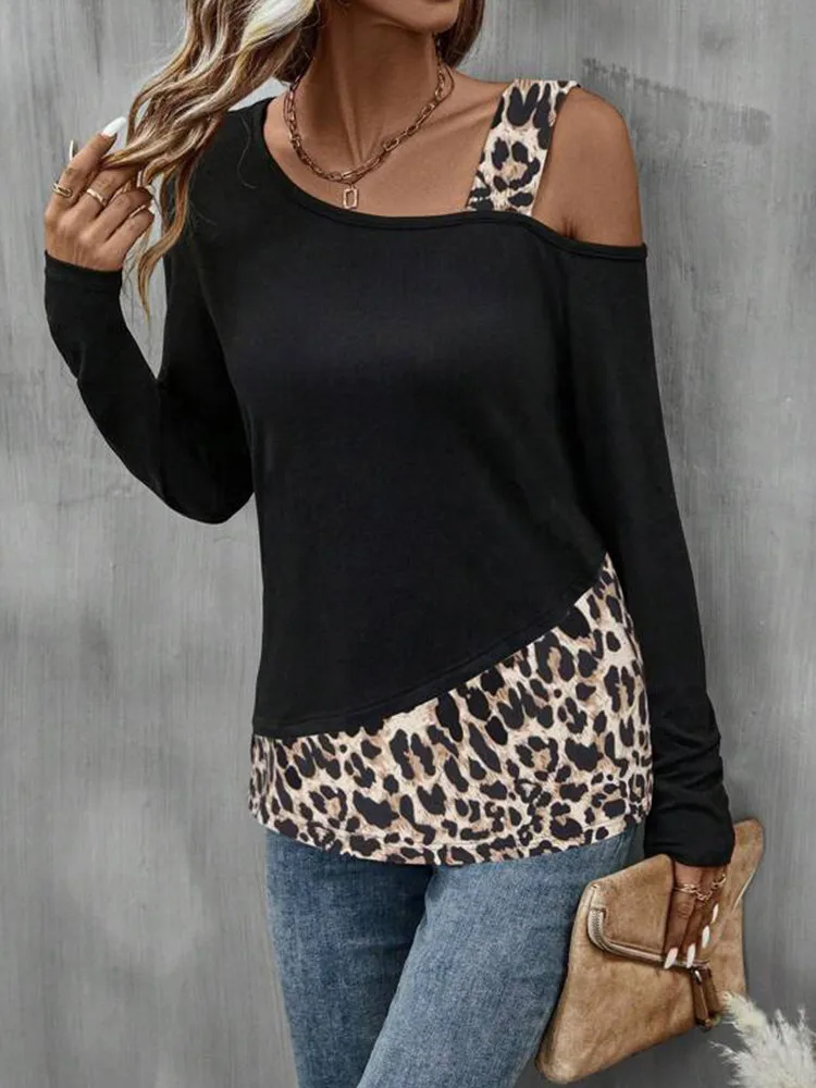 Fashion Casual Women\'s Wool Leopard Asymmetrical Single Shoulder Shoulder Stitching Conventional Long Sleeve Top T-shirt