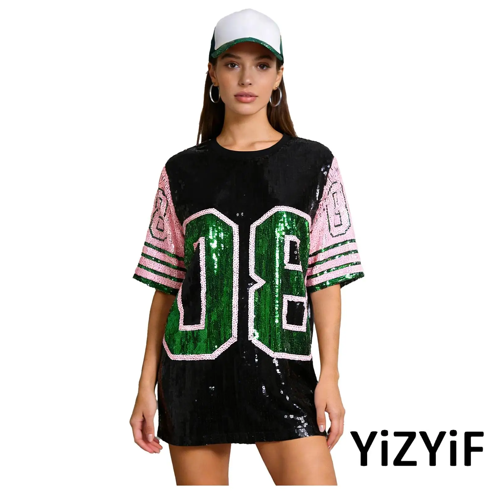 

Womens Fashion Sequin Dance Oversized T-shirt Top Number Graphic Crew Neck Short Sleeve T-shirt for Daily Casual Wear