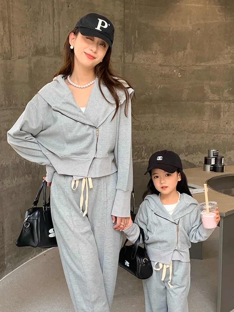 Parent-child Mother-child Mother-daughter Casual Korean Style Suit Hooded Design Set Leisure Suit