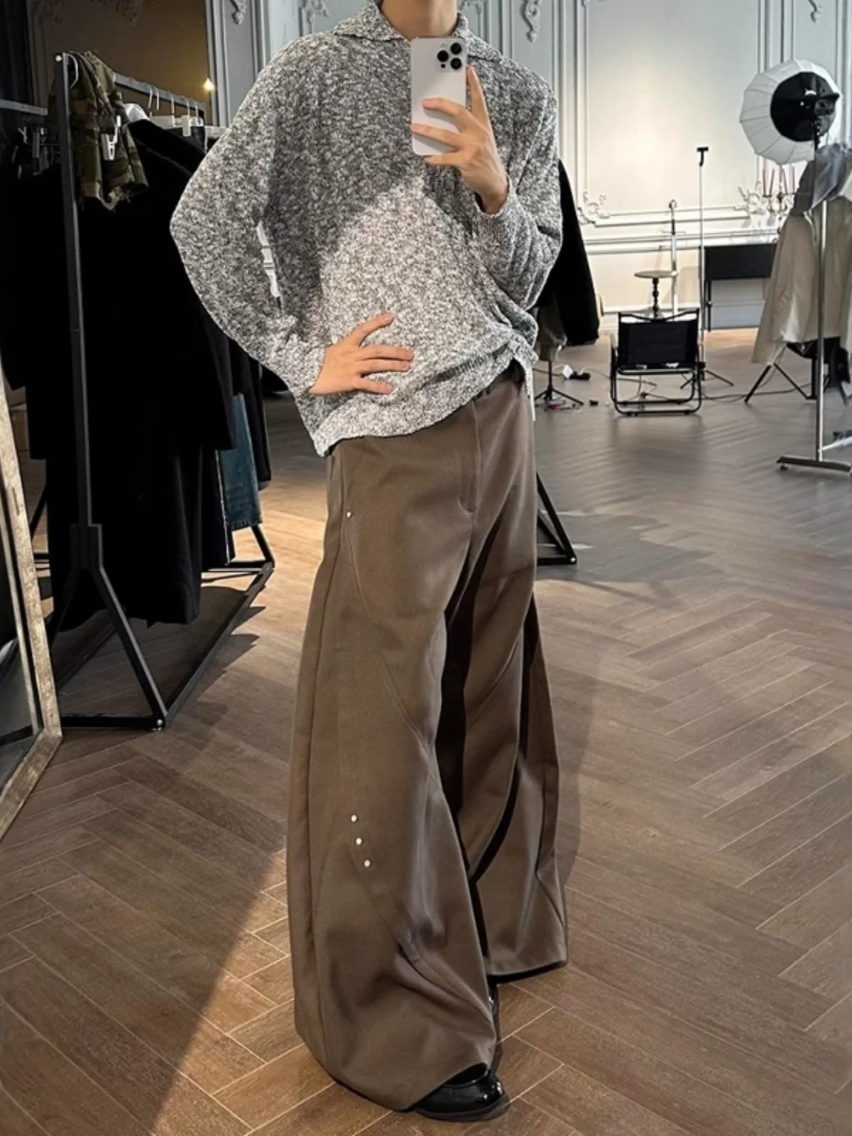 American Style Retro Rivet Splicing Solid Color Curved Pants Men's 2025 Spring New Loose Comfort Trousers Men's Casual Trousers