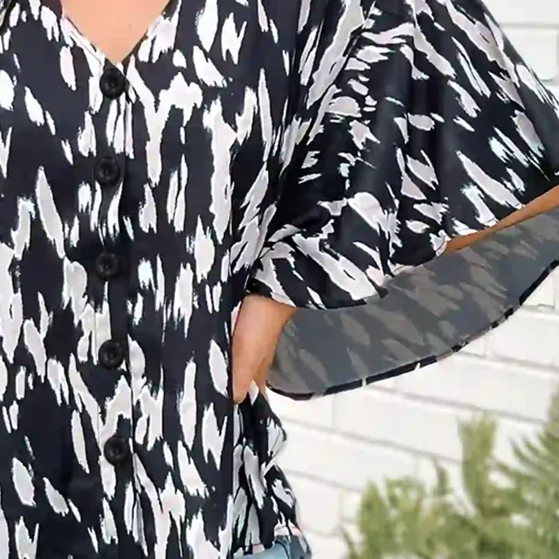 Plus Size Women's Shirt, Spotted Printed Cardigan Button V Neck Top. Casual and Fashionable Summer Clothing image 6