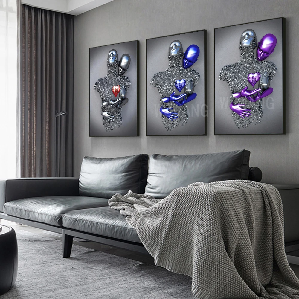 Abstract 3D Romantic Lover Metal Figure Statue Canvas Painting Posters Prints Wall Art Picture For Living Room Decor Home Decor