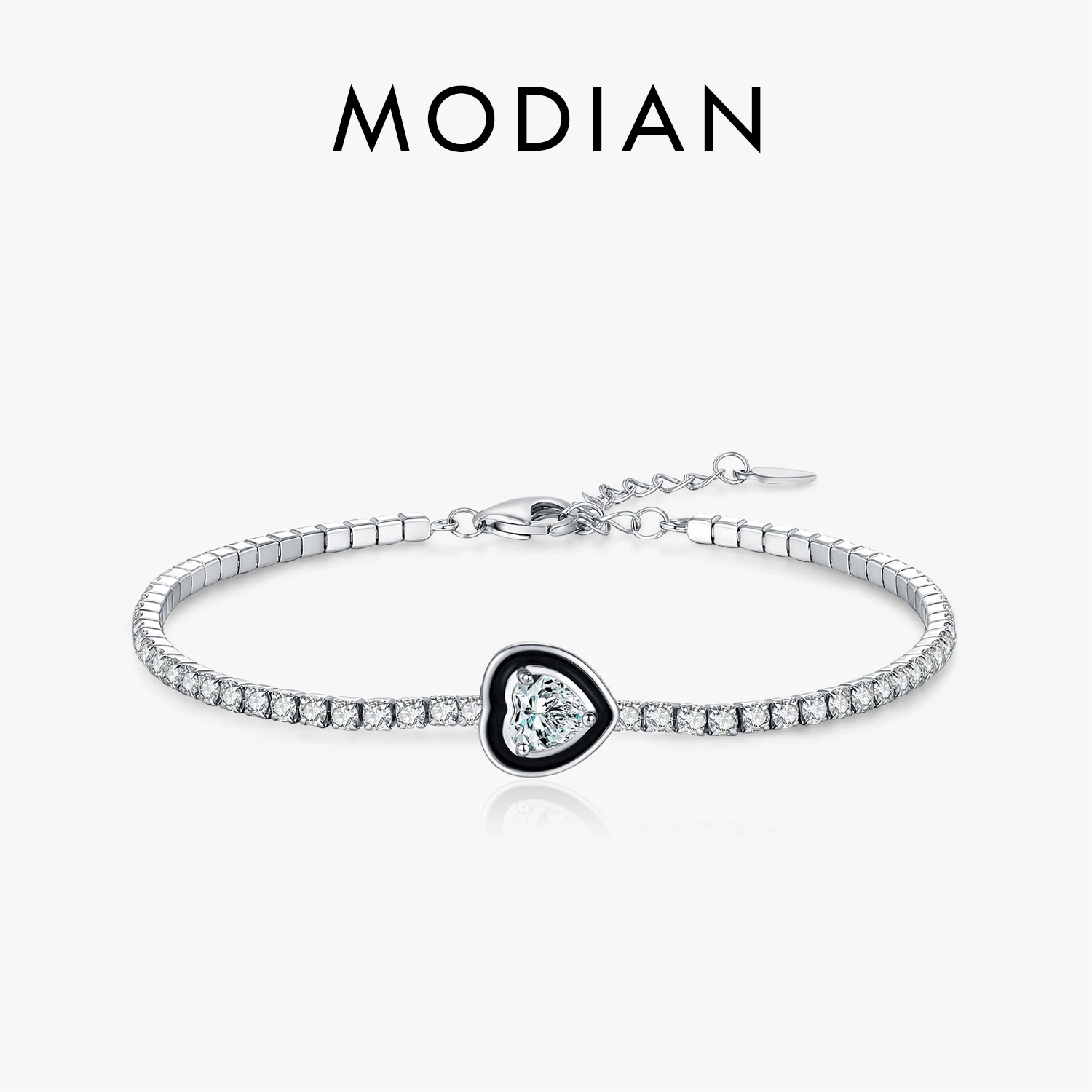 

MODIAN 925 Sterling Silver Black Enamel Bracelet Fashion Heart Clear CZ Tennis Bracelets For Women Fine Jewelry