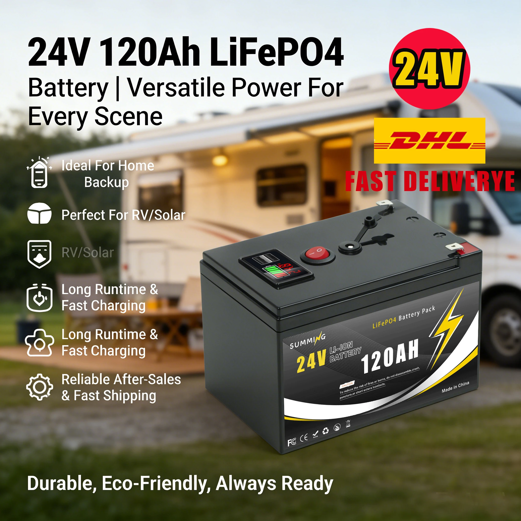 

Lithium Battery 24V 120AHLiFePO4 Battery with Smart BMS-Ideal for Solar Power, RVMarine&Off-Grid Home Energy Storage