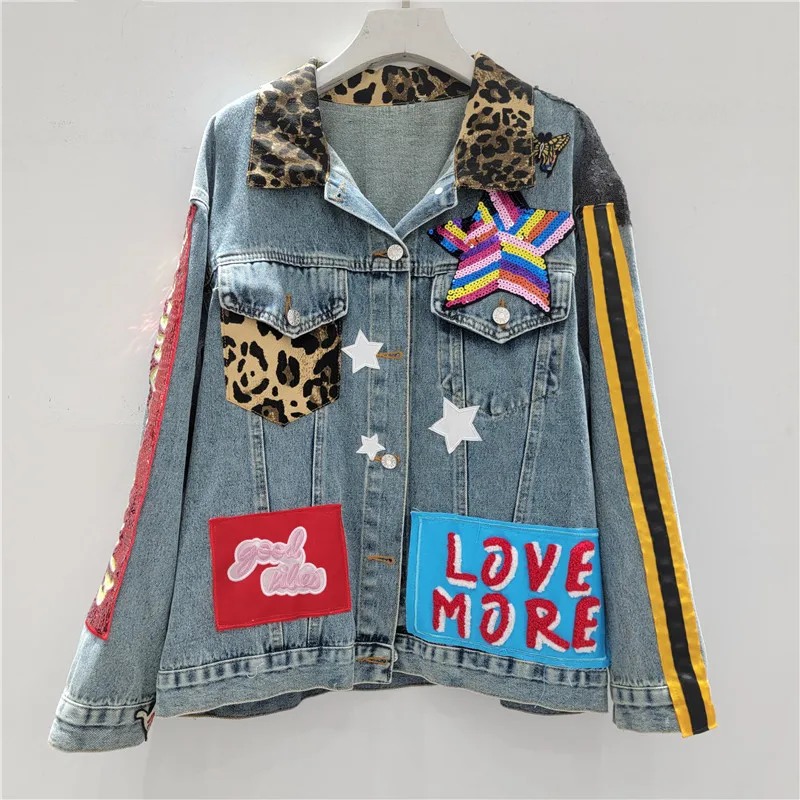 

European American Luxury Heavy-duty Embroidery Hand-painted Sequin Designer Loose Denim Jacket Women Streetwear Trendy Brand