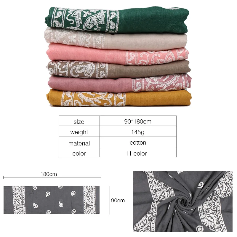 Embroidery Cashew Muslim Scarf Hijab Woman Cotton Shawl Headscarves Solid Color Head Wraps Ladies Casual Stole Headband Turbans