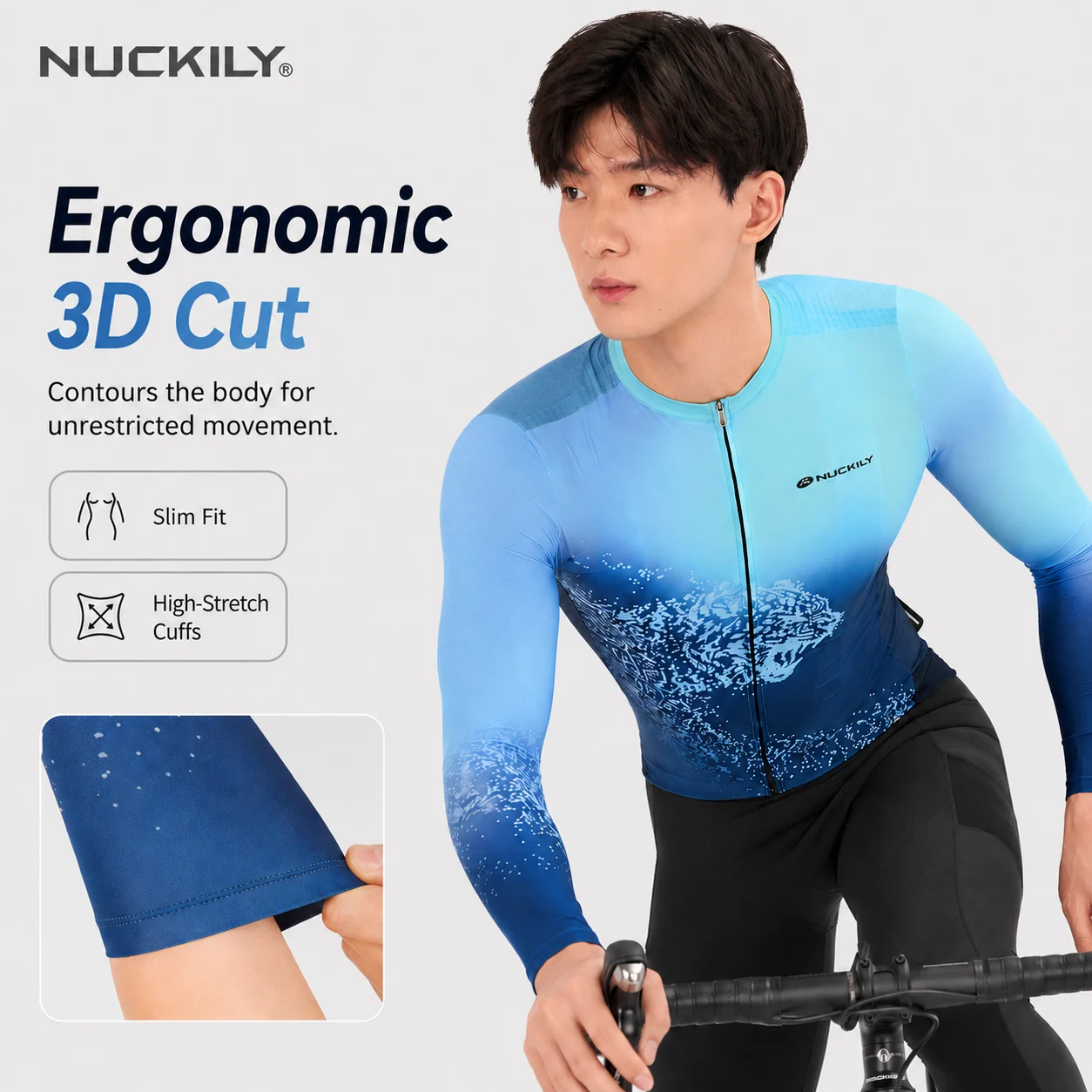 NUCKILY Men Long Sleeve Cycling Jersey Cooling Quick Dry Breathable Road MTB Bike Shirt YKK Zip Rear Pockets Anti Slip Hem view 4