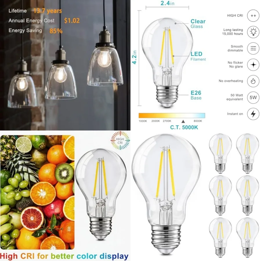 

A19 Vintage LED Edison Bulbs, Dimmable Light Bulb 50W Equivalent, 5000K Daylight, E2 Standard Base, 470Lumens, CRI80+, Clear Gl