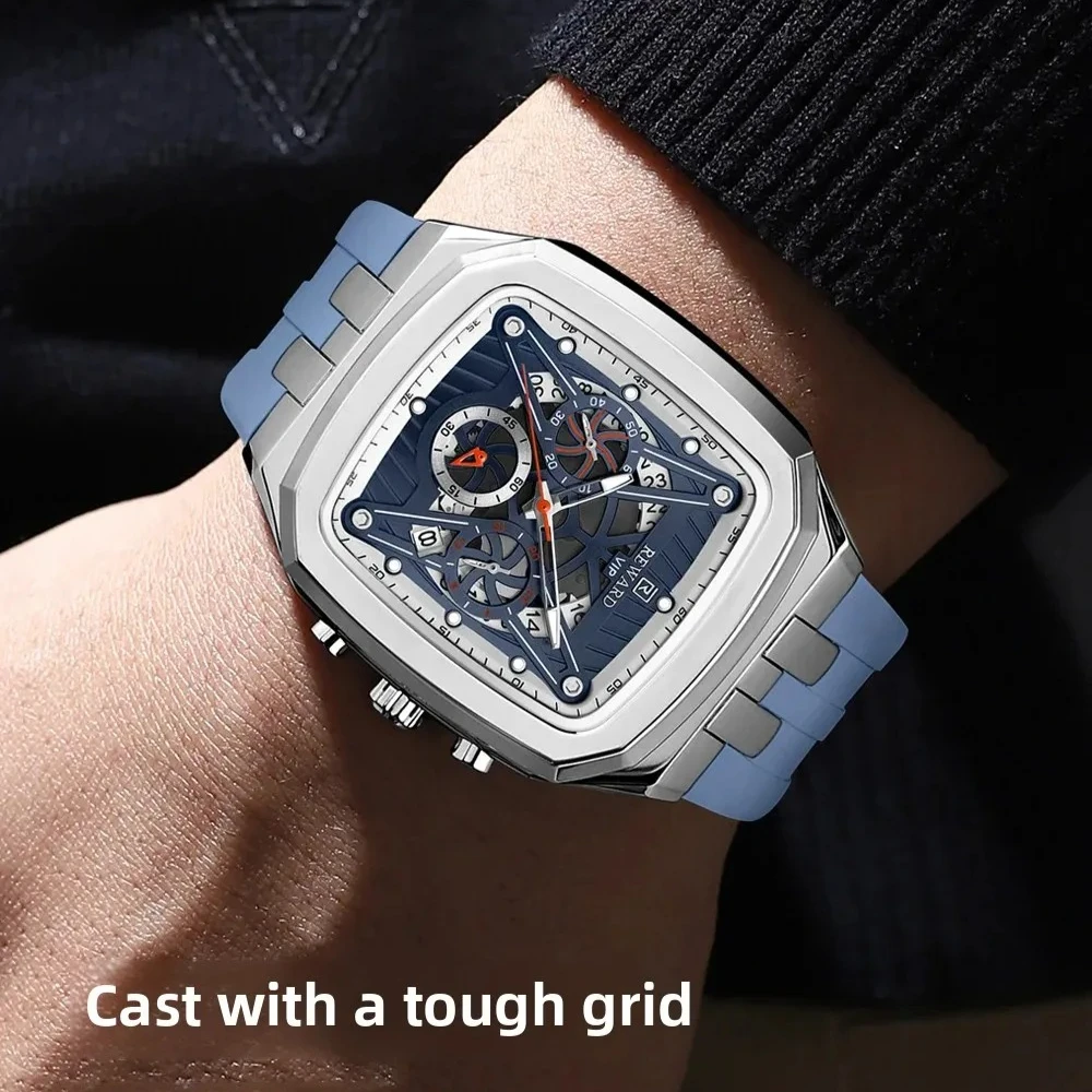 مكافأة 832260 ساعة كوارتز رجالية موضة مستطيلة تصميم التقويم مقاوم للماء حزام سيليكون عادية ساعات باردة للرجل Reloj