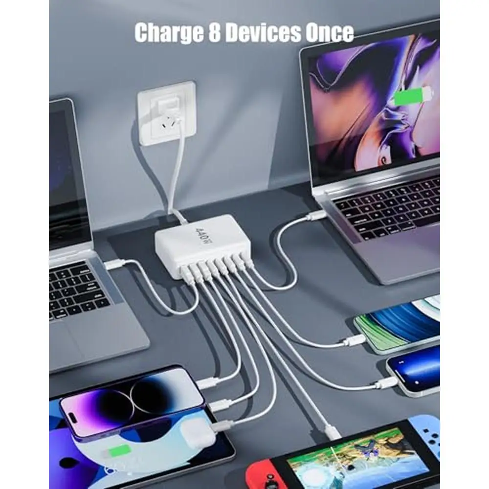 8-Port USB C Charger Station Hub with 5ft Cord GaN III Fast Charging Brick MacBook Pro/Air iPhone Galaxy Pixel Compact Travel