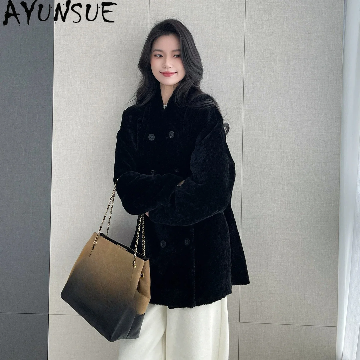 AYUNSUE Natural Merino Sheepskin Fur Coat Women Winter Clothing Lamb Wool Real Fur Jacket Woman Soft Fashion Loose Шуба Женская