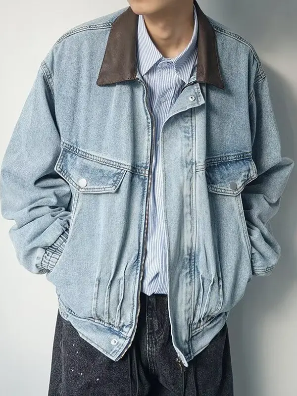 

Кожаное джинсовое пальто в стиле ретро с американской талией и отложным воротником, весенне-осеннее тяжелое свободное джинсовое пальто для мужчин и ...