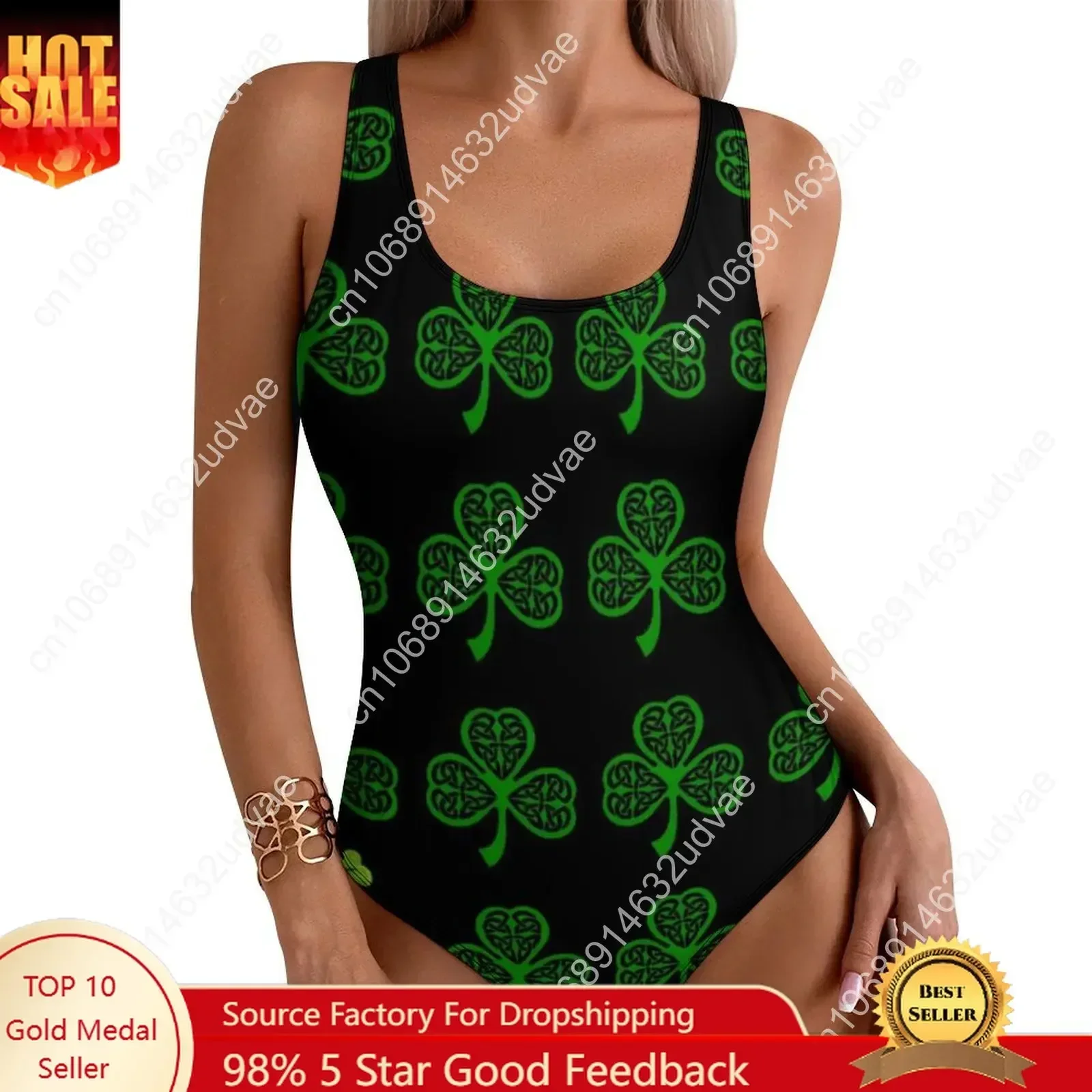 St Patrick's Day Swimsuit Leprechaun Lucky Green Shamrock One-Piece Swimwear Push Up Fashion Bathing Suit Holiday Pool Bodysuit