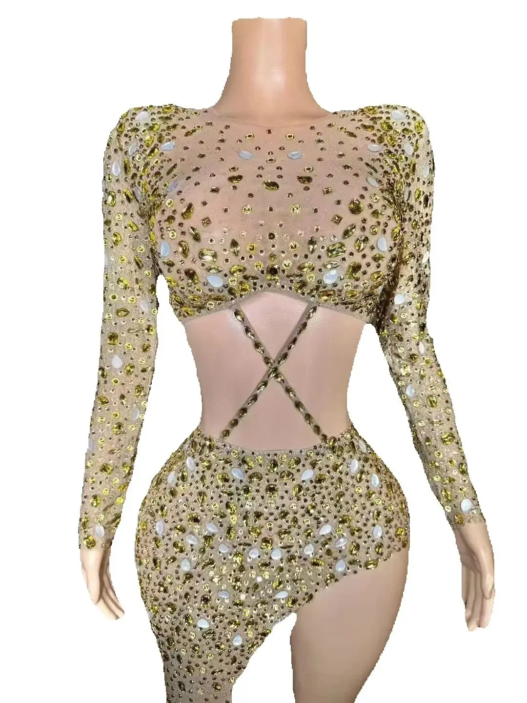 

ZD shiny rhinestone high neck sleeveless sexy mesh see-through plaid party reception dress skirt cutout