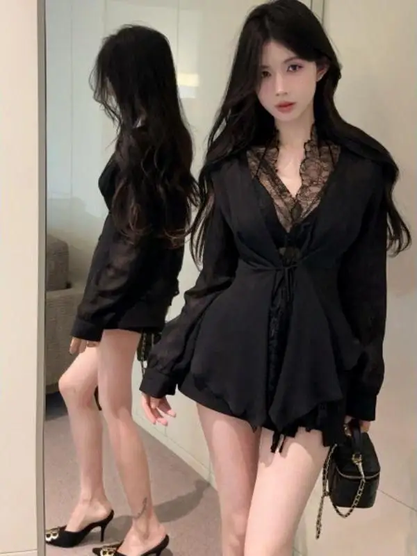 Bla Lace Splice Belt V-ne Long Sve irt Women's Slim Fit Waist-cinching Design Pure Desire Top Commute Sle