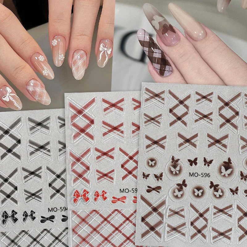 1 PC สีขาว Bowknot ตกแต่งเล็บ Y2K DIY อุปกรณ์แต่งเล็บผีเสื้อเส้นตารางรูปแบบ Self-กาวสติกเกอร์เล็บ