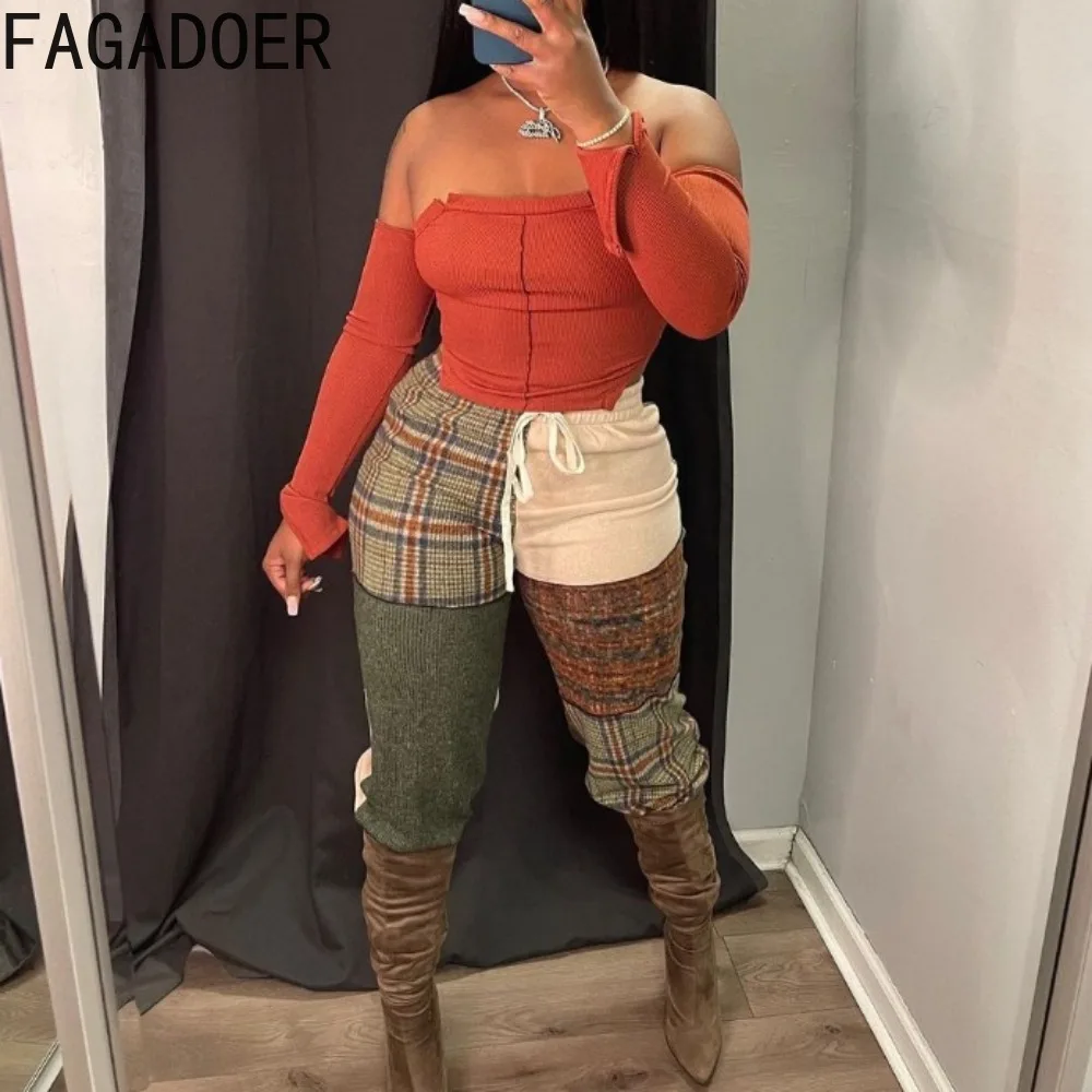 

FAGADOER Casual Plaid Printing Straight Drawstring Pants Women High Waisted Loose Trousers Fashion Female Matching Bottoms 2024