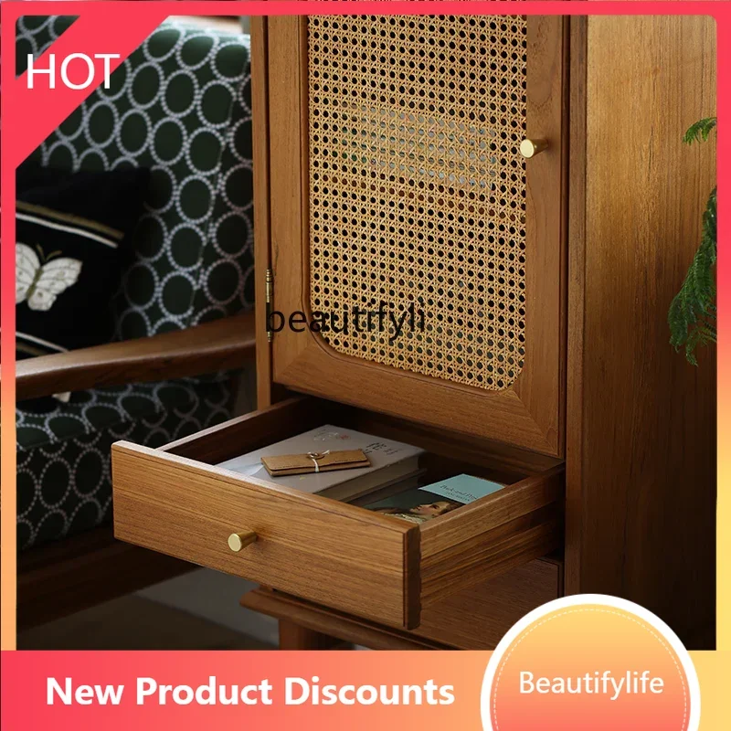 

A57 A57 Myanmar old teak solid wood side cabinet natural rattan door locker living room home retro vertical cabinet