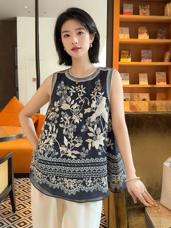 Nieuwe Chinese Sle Zijden Kant Borduren Top Svel Vintage Zomer irt Dun Materiaal Comfortabel om Casual Werkkleding te dragen