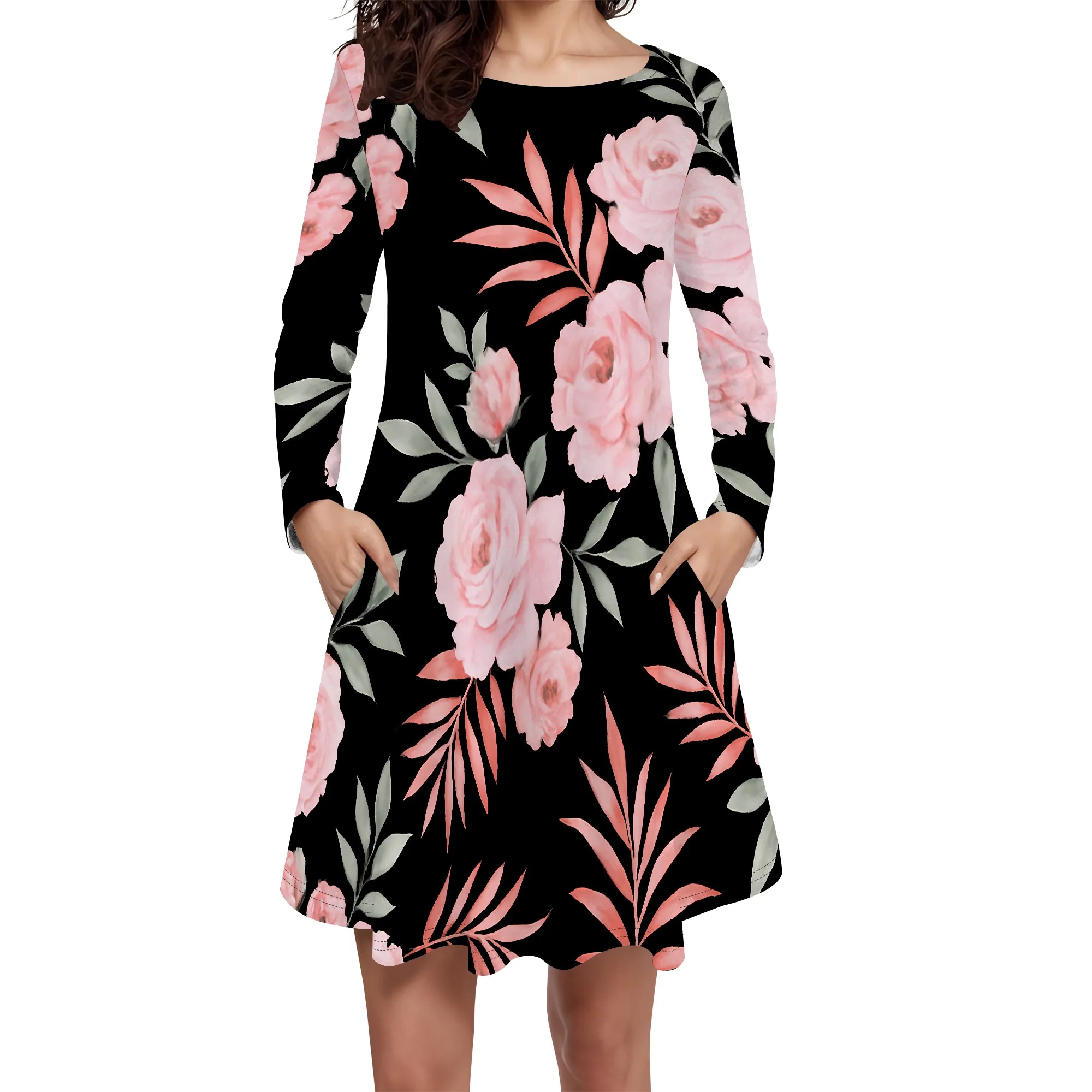 

Women's Casual Loose T Shirt Dress Long Sleeve Simple Floral Print Mini Swing Dresses with Pocket