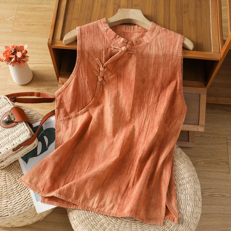 Women Chinese Frog Button Linen Vest Stand Collar Sleeveless Loose Retro Casual Tank Top With Side Pockets