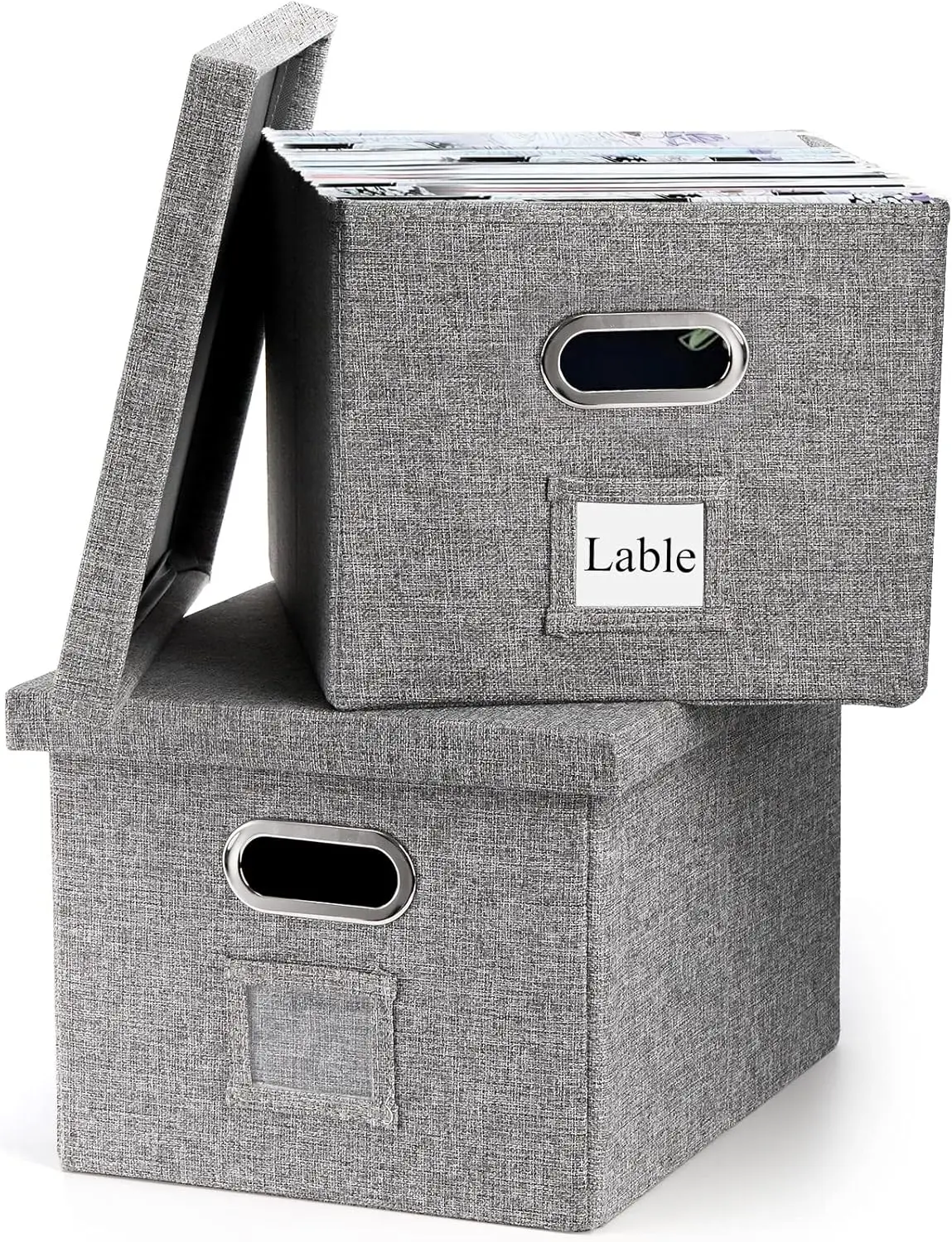 

Two-piece, foldable, linen hanging file organizer with lid, made of durable MDF, space-saving file storage.