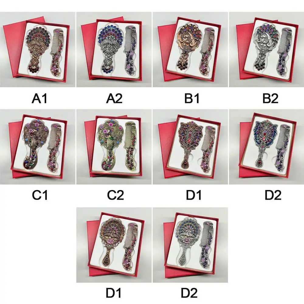 Peacock Open Screen Retro Small Mirror with Metal Handle Handheld Makeup Mirrors Comb Set Portable Vintage