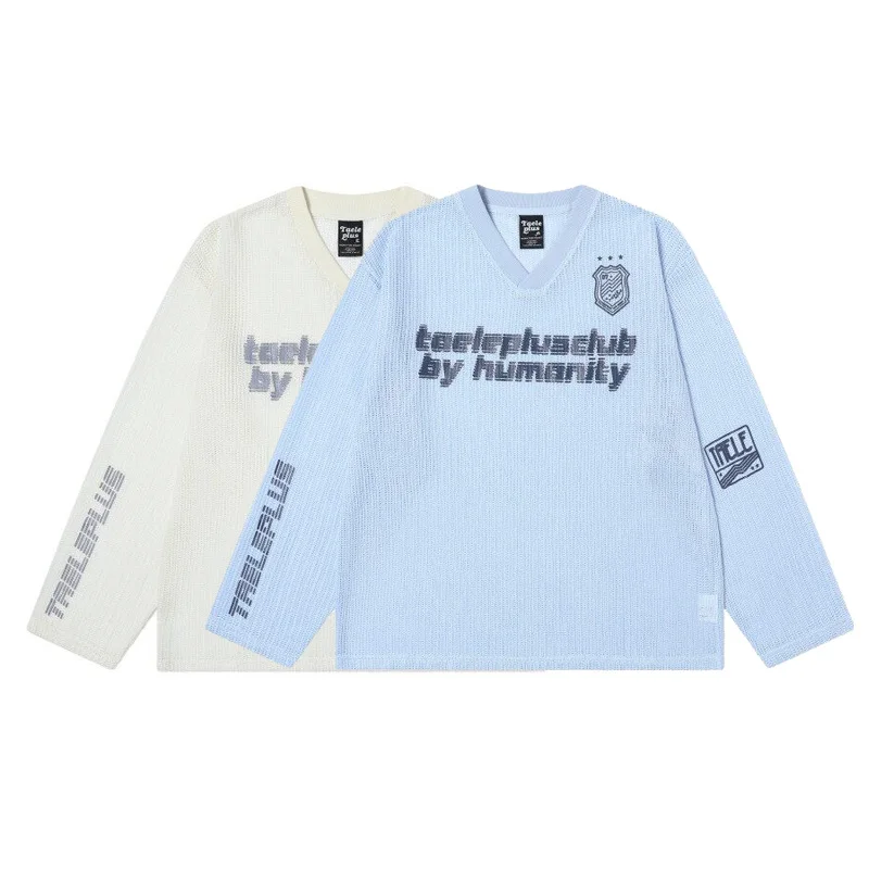 

Knitted Hollow Letter Print T-shirt Men Streetwear Loose Casual Long Sleeve T Shirt Women Oversize Tees Tops Shirts Knitwear