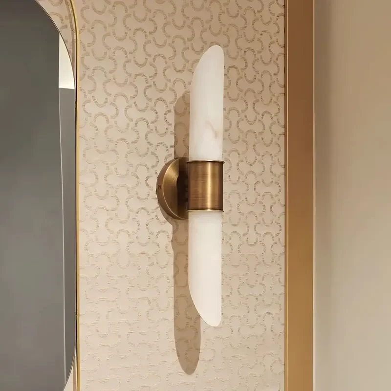 Modern Alabaster Wall Sconce Vertical Cylinder Translucent Stone Lamp Bronze Finish for Hotel Villa Bedroom Hallway Decor